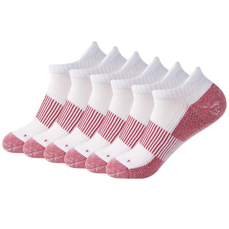 FOOTPLUS 6 Pairs Men's Copper Golf Socks Unisex Ankle Low Cut Odor Free Moisture Blister Control Thick Cushioned Sole Arch Support Running Sports Compression Socks,White& Red, Large - Image 1